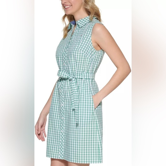 Tommy Hilfiger Green Gingham Belted Button-Down Dress Size 8 NWT - Picture 2 of 9